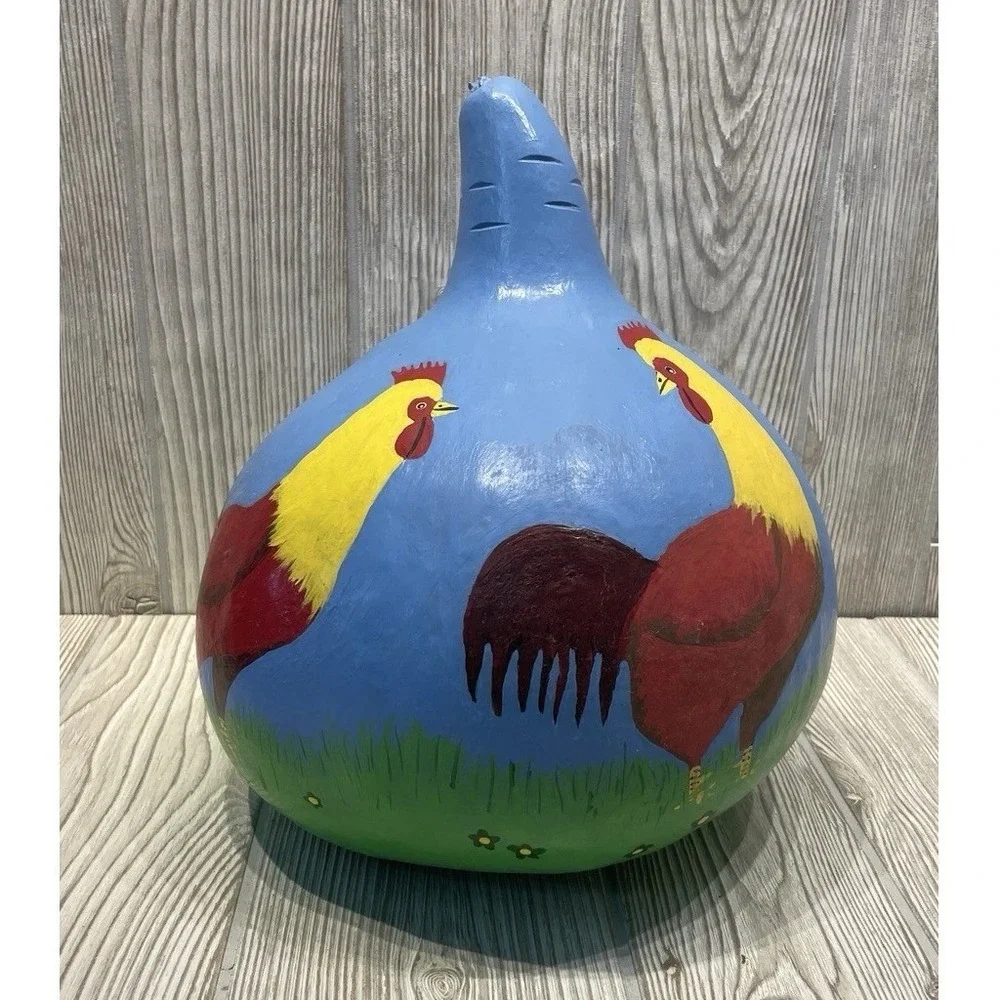 Hand Painted Folk Art Gourd Rooster Chicken 2011 Rustic Decor Collectible